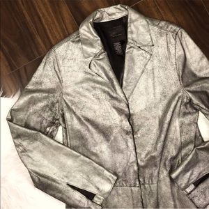 BCBG MAXAZRIA distressed silver leather coat